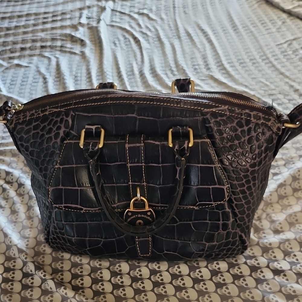Vintage Dooney & Bourke Dark Brown CrocEmbossed Shoulder Strap, Wristlet&Key Fob